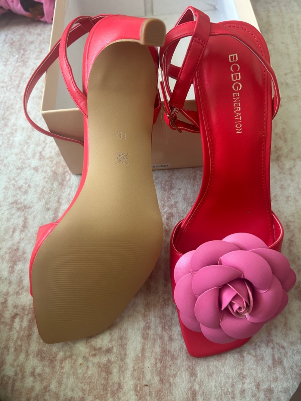 BCBGeneration Red Ankle-Strap Heels with Pink Floral Rosettes - Picture 3 of 5